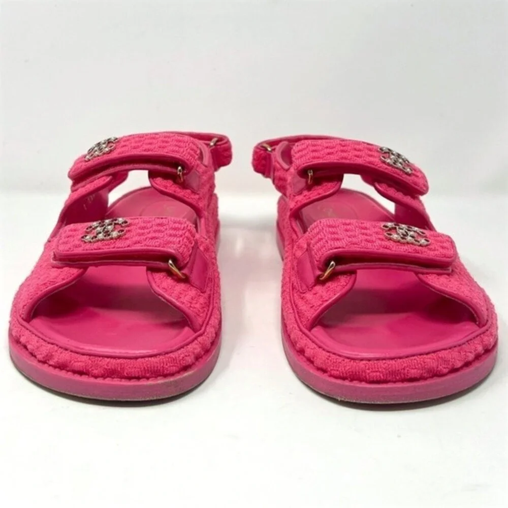 Chanel Pink Tweed CC Dad Flat Double‎ Strap Sandals 39 Karl Lagerfeld